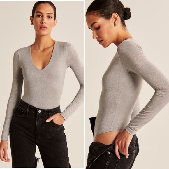 Abercrombie & Fitch Tops - ABERCROMBIE & FITCH Women’s Long Sleeve Sparkle V Neck Bodysuit Gray Shimmer S‎